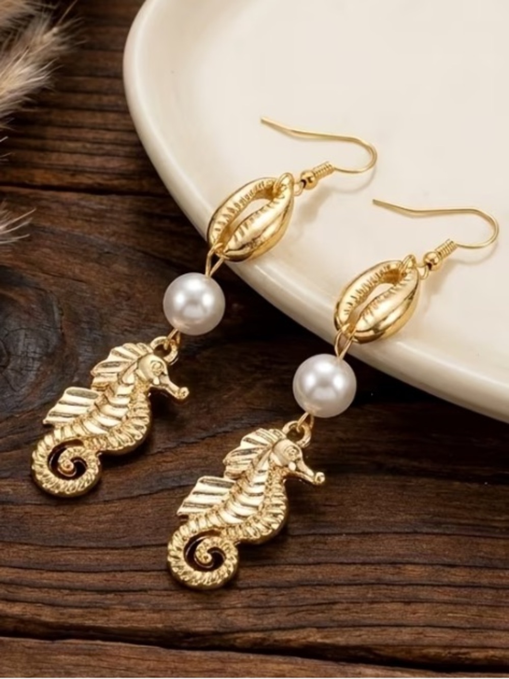 Gold Seahorse Drop Earrings with Pearl Accent - Picture 3 of 6